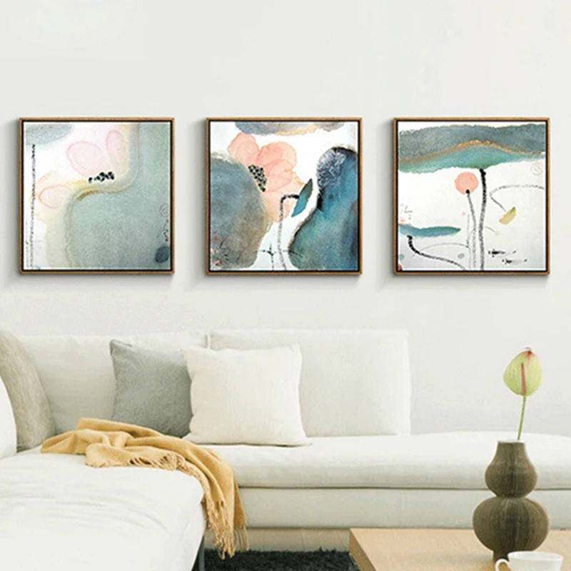 

HAOCHU China Culture Hanging Craft Pink Lotus Green Leaf Canvas Painting Watercolor Oil Prints And Poster For Porch Living Room