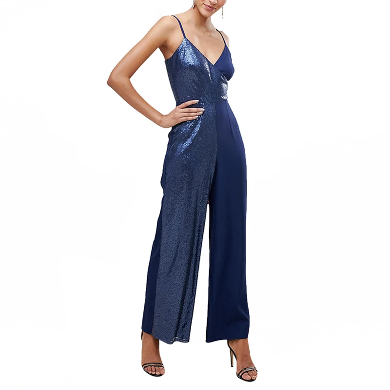 HYH Haoyihui Simplicity Commute V collar Sequins Splicing Navy Blue Broad-legged Slim Rompers Women's Sleeveless Jumpsuits