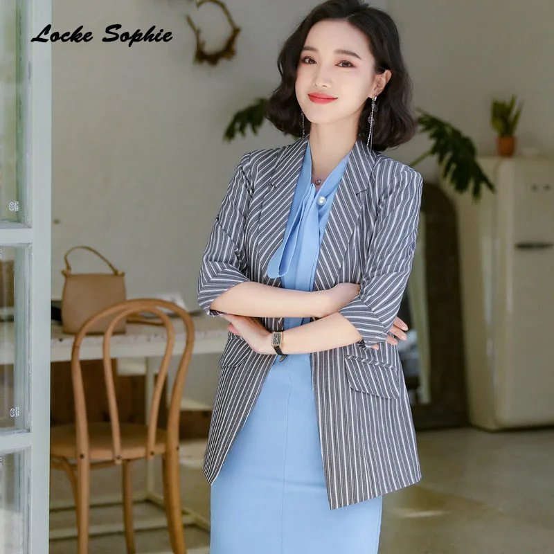 1pcs Women's Plus size Long Blazers coats 2019 Autumn Fashion cotton blend stripe Small Suits jackets ladies Skinny Blazers Suit