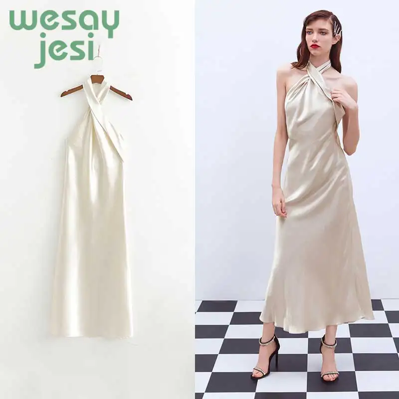 

Summer dress 2019 casual off shoulder maxi dress beige womens clothing sleeveless long dress halter women dress vestidos