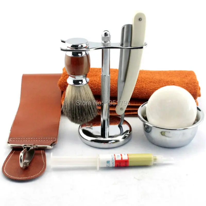 8Pcs/SET Wet Shaving Kit ZY Straight Razor Badger Brush Stand Bowl