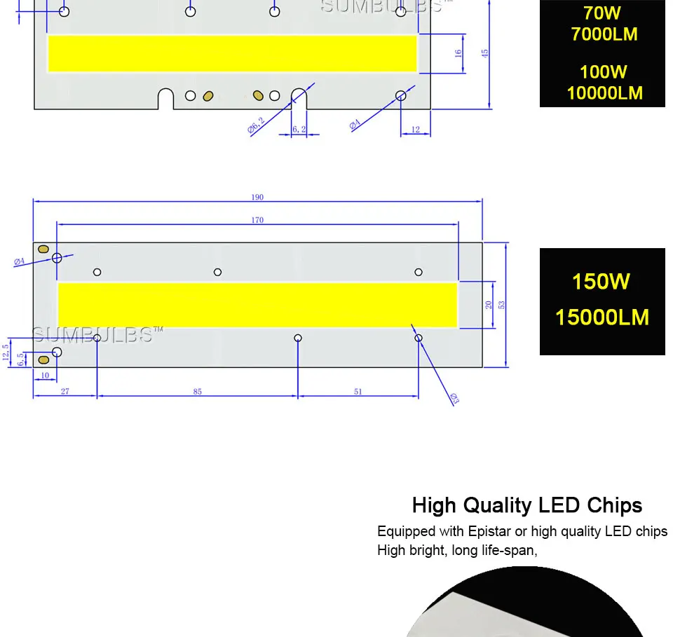 Sumbulbs 30W 50W 70W 100W 150W AC COB LED Chip Smart IC Driver Light Source 110V 220V for Floodlight Spotlight Warm Cold White (2)