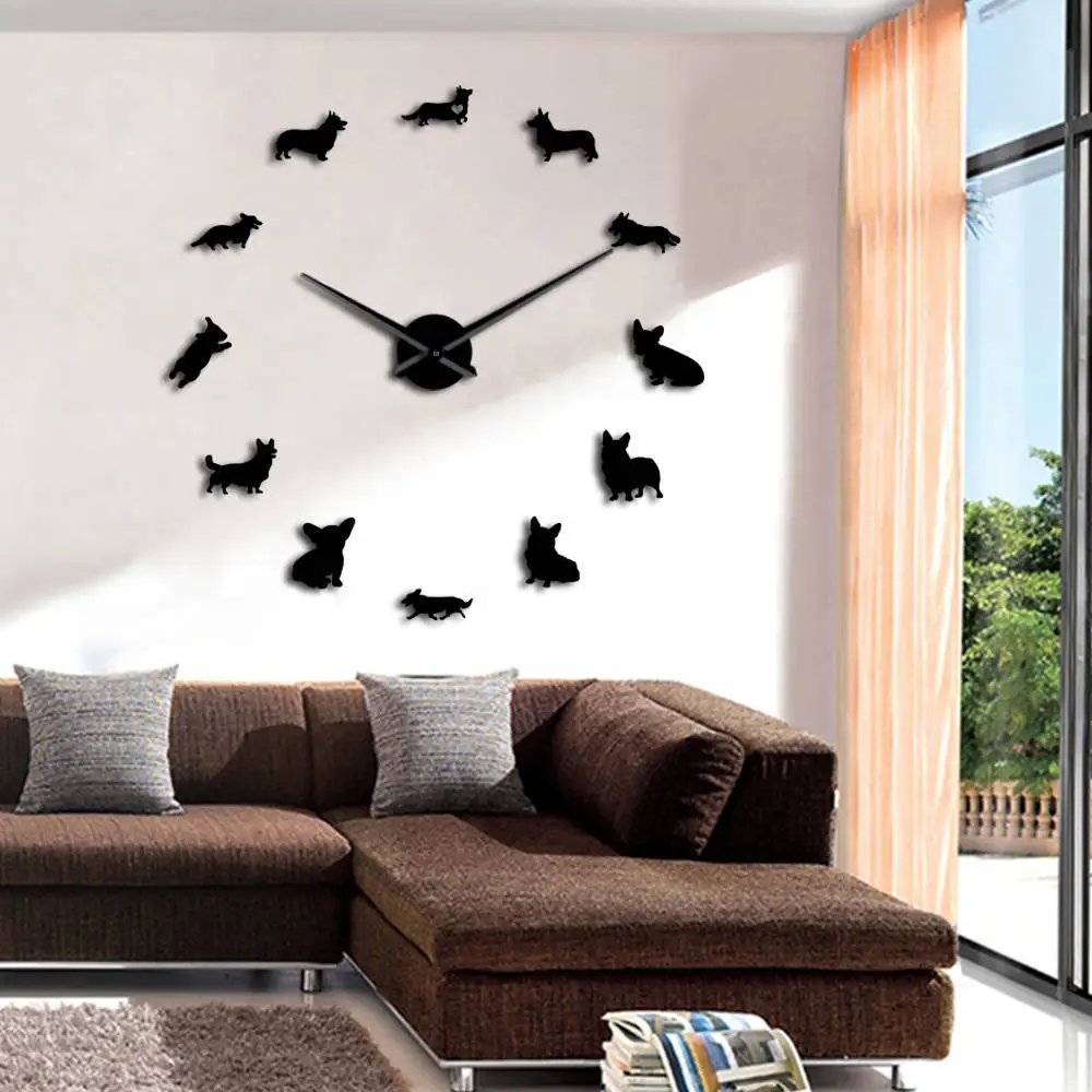 Бескаркасные английские валлийские корги 3D DIY настенные часы зеркальная поверхность щенков пород стены Искусство Pet магазин Декор тихие развертки часы