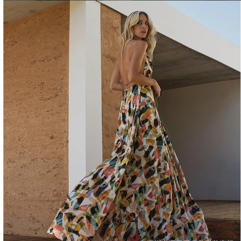 

Long Maxi Dress For Women Summer Boho Dress Halter Sexy Sleeveless Backless Loose Print Party Dresses Women Evening Plus Size