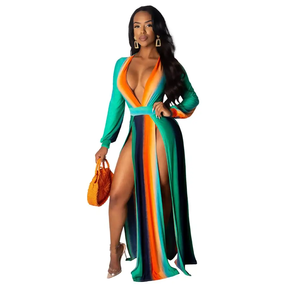 

2019 New Women Summer Rainbow Stripes Deep V-Neck High Side Split Sexy Beach Maxi Dress Night Club Party Long Dresses Vestidos