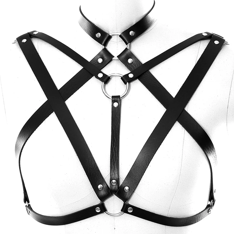 Female Body Strap PU Leather Harness Adjustable Buckle Punk Gothic Cage Bra Black