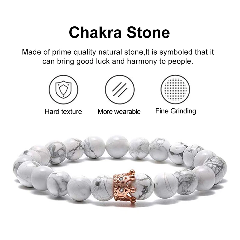 HIYONG King&Queen Crown Distance Couple Bracelets Matte Agates White Howlite CZ Crown 8mm Beads Bracelet Natural Stone Jewelry