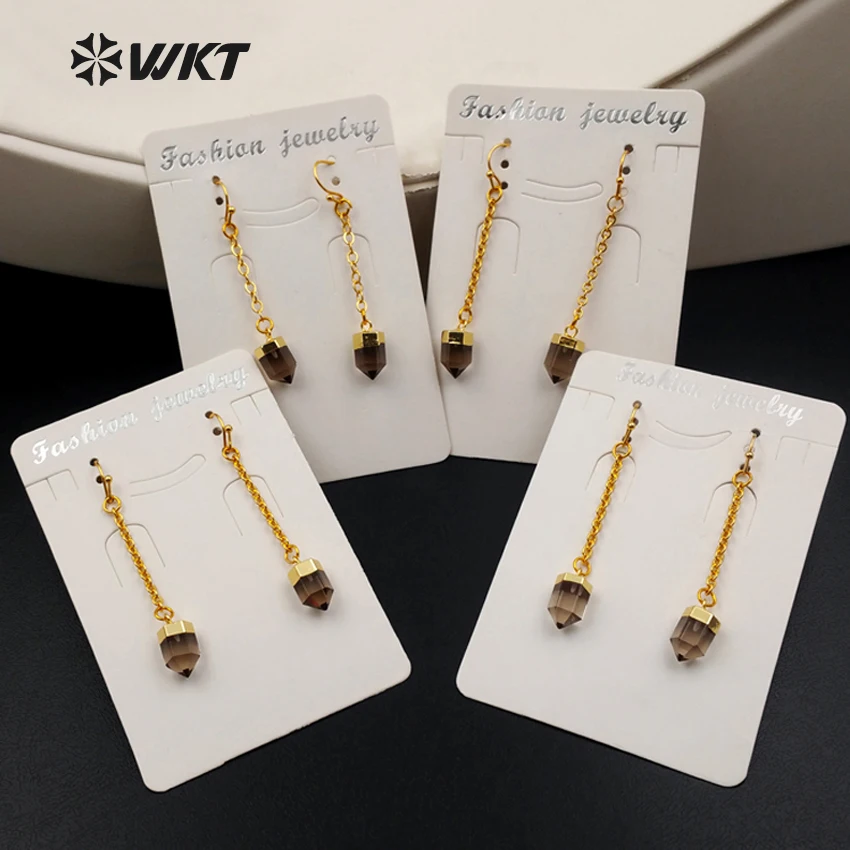 

WT-E389 WKT, оптовая продажа, серьги-подвески из натуральной Смоки золотого цвета с латунной цепочкой для женщин, украшения, серьги