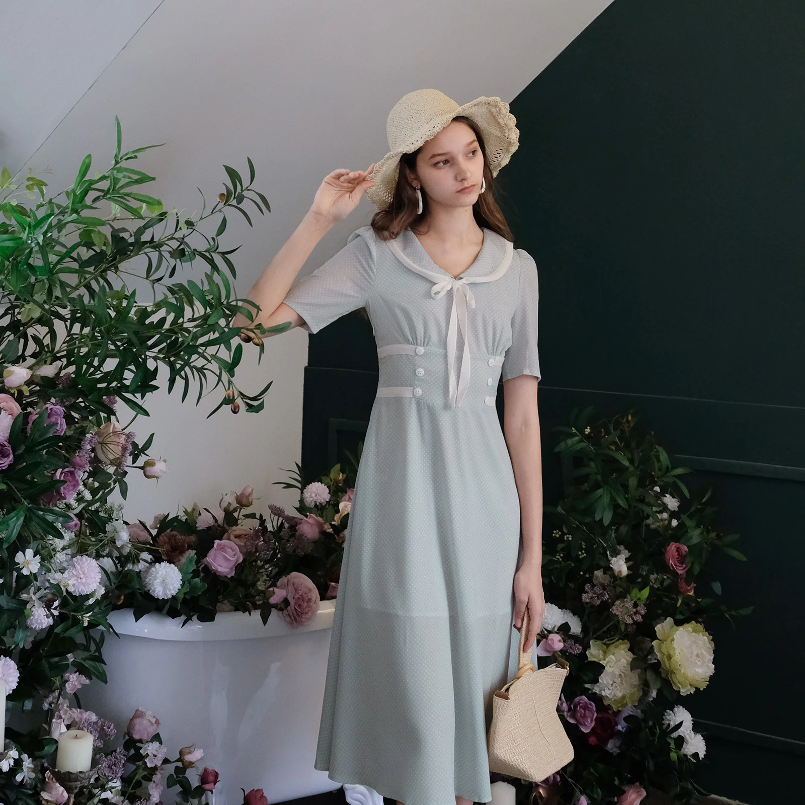 

Summer Clothes For Women Elbise Vintage Elegant Chiffon Dress Polka Dot Retro Modis vestidos verano 2019 Light Green Midi Dress