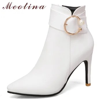 

Meotina Winter Ankle Boots Women Buckle Stiletto Heel Short Boots Zipper Super High Heel Shoes Ladies New Autumn Large Size 3-12