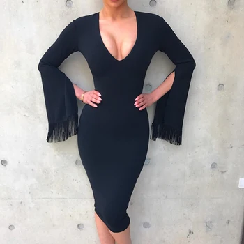

DressBird Women Dress Autumn Winter Long Sleeve Bandage Bodycon Vestido Sexy V Neck Tassel Fringe Flare Sleeve Club Winter Dress