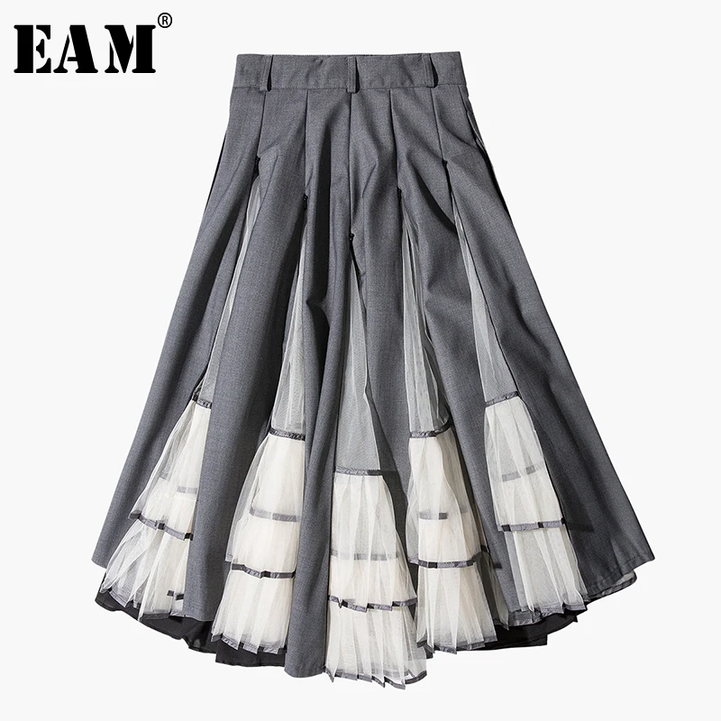 

[EAM] 2019 New Spring Summer High Elastic Waist Gray Pleated Hit Color Split Joint Half-body Skirt Women Fashion Tide JU981