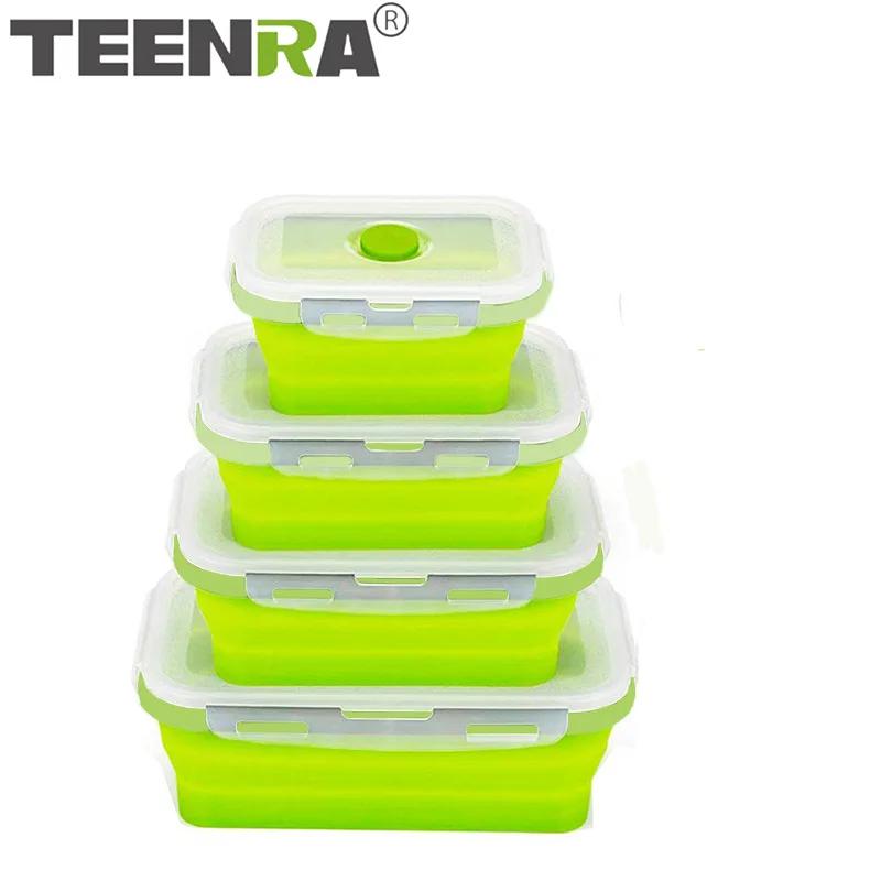 TEENRA Силиконовый складной Ланч-бокс, набор, силиконовый контейнер для хранения еды, складной Ланч-бокс для микроволновой печи посудомоечной машины, безопасный - Цвет: Green 4pcs