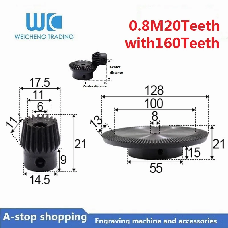 

2pcs 1:8 Bevel Gear 0.8 Modulus 20 Teeth hole 6mm + 160 teeth Inner Hole 8mm 90 Degree Drive Commutation Steel Gears