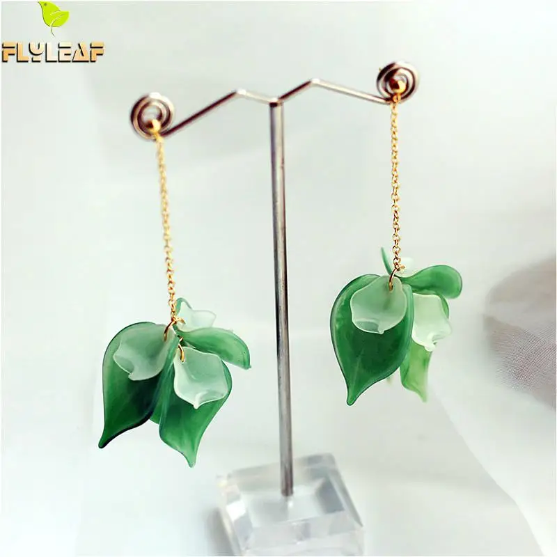 

Flyleaf 925 Sterling Silver Resin Flower Drop long Earrings For Women Green Big Dangle Earings Fashion Jewelry Gold high quality