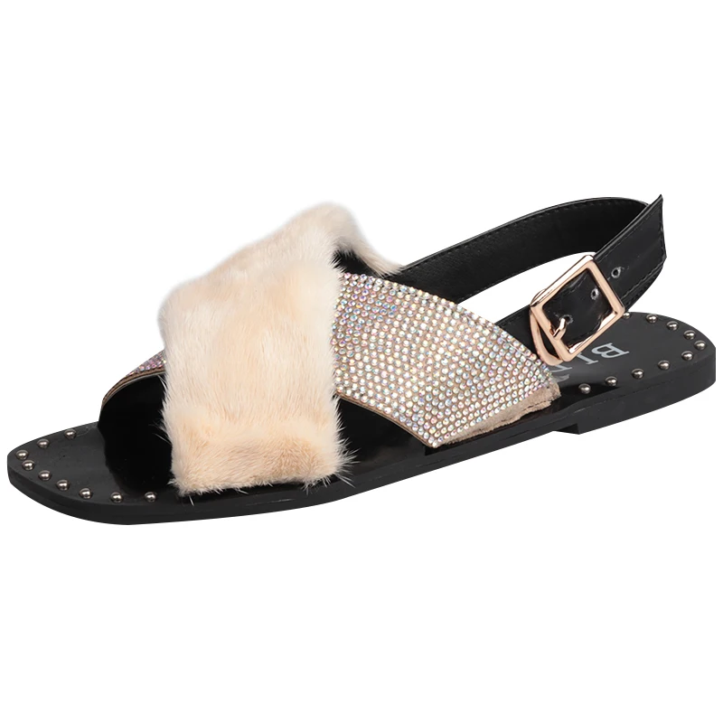 

Women Sandal Shoes Fashion Genuine Mink Fur Flats Crystal Beaded Cross-strap Woman Shoes