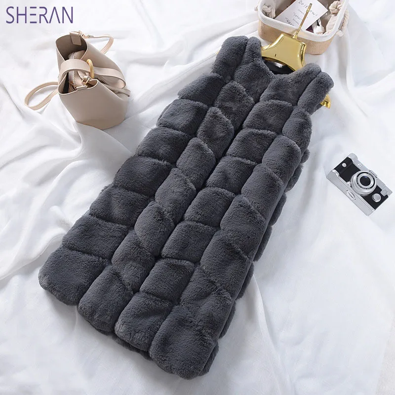 Sans Manche Automne Lapin De Fausse Longue apricot Beige Slim Rose black Femme Gilet light Sheran 2018 dark Hiver Fourrure Gray brown Nouvelle Imitation Femmes Gray Chaud Manteau pink H9YD2WEI