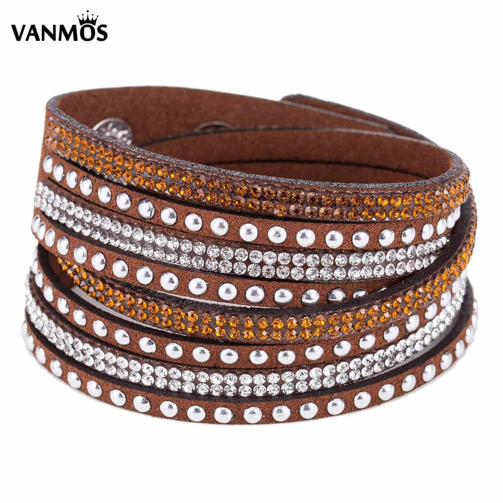 

Vanmos Bohemian Vintage Multi Layer Leather Bracelets Fashion Mosaic Crystal Nail Bangles Women Charm Statement Wrist Jewelry
