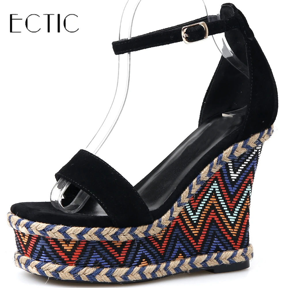 

ECTIC Summer 2018 Women's Sandals Platform Wedge Sandalias Cow Suede Open Toe High Heel Ankle Strap Party Dress Party Shoes