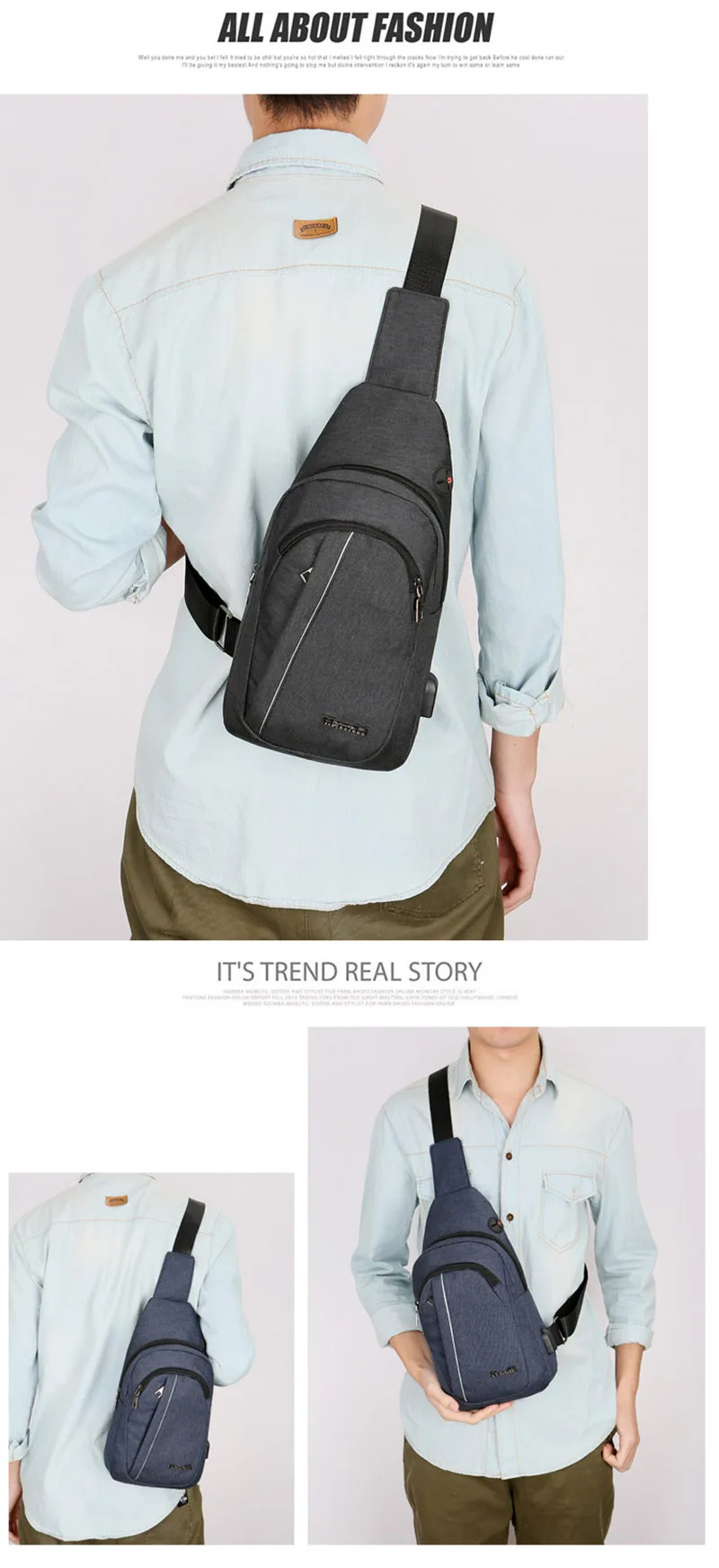 USB Charging Men Backpack Canvas Anti Theft Teenager Chest Bag Women Headphone Hole Casual Shoulder Bag Sac A Dos Homme BP0222 (24)