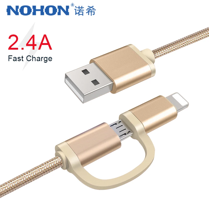 NOHON 2 in 1 Micro USB Lighting Charging Cable For iPhone 6S 7 8 Plus X XS MAX XR Fast Charger Cables For Samsung Xiaomi Huawei