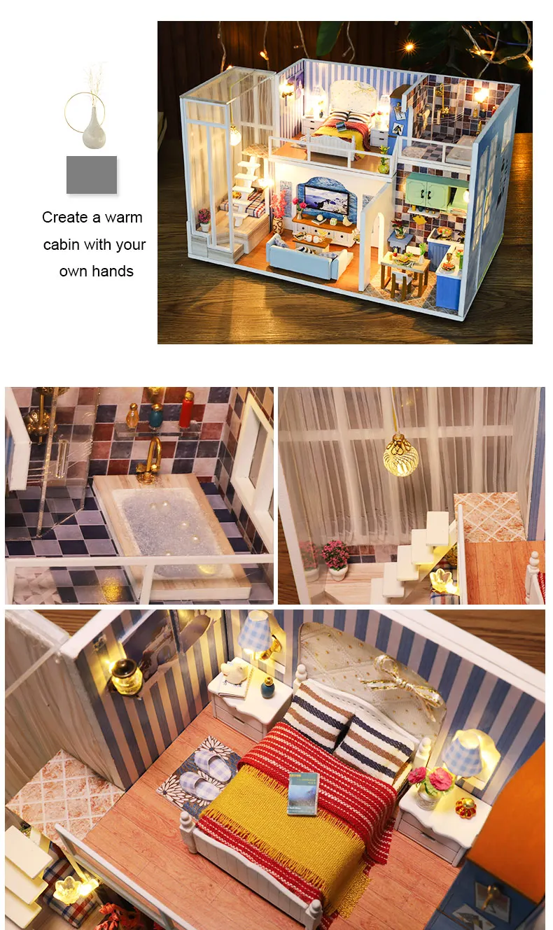 Casa em Miniatura com Móveis Blocos de Construção Brinquedos para Crianças Casa de Boneca Cutebee Faça Você Mesmo Música Poeira Capa Modelo J13 Led Mod. 261726 14 led música poeira capa modelo blocos de
