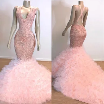 

Gorgeous Pink V-Neck Prom Dresses Mermaid Backless Black Girl Party Gowns Party Dresses Evening Wear vestido de festa