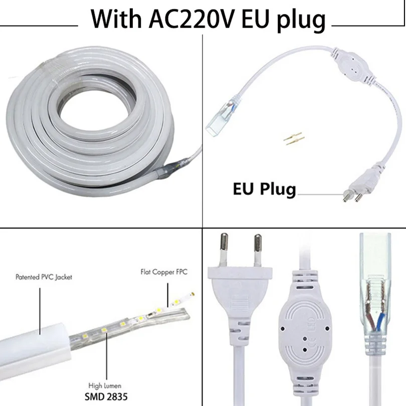 Суперяркий SMD 2835 AC 220V неоновый светодиодный свет 120 светодиодный s/m Крытый открытый IP68 Водонепроницаемый 1 м 2 м 5 м 10 м 20 м 25 м с вилкой ЕС