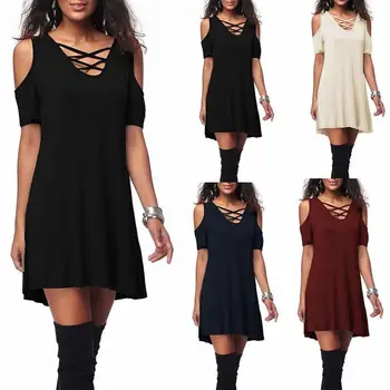 

New Summer Women Criss-cross Strap Off Shoulder Short Sleeve Plus Size Mini Dress