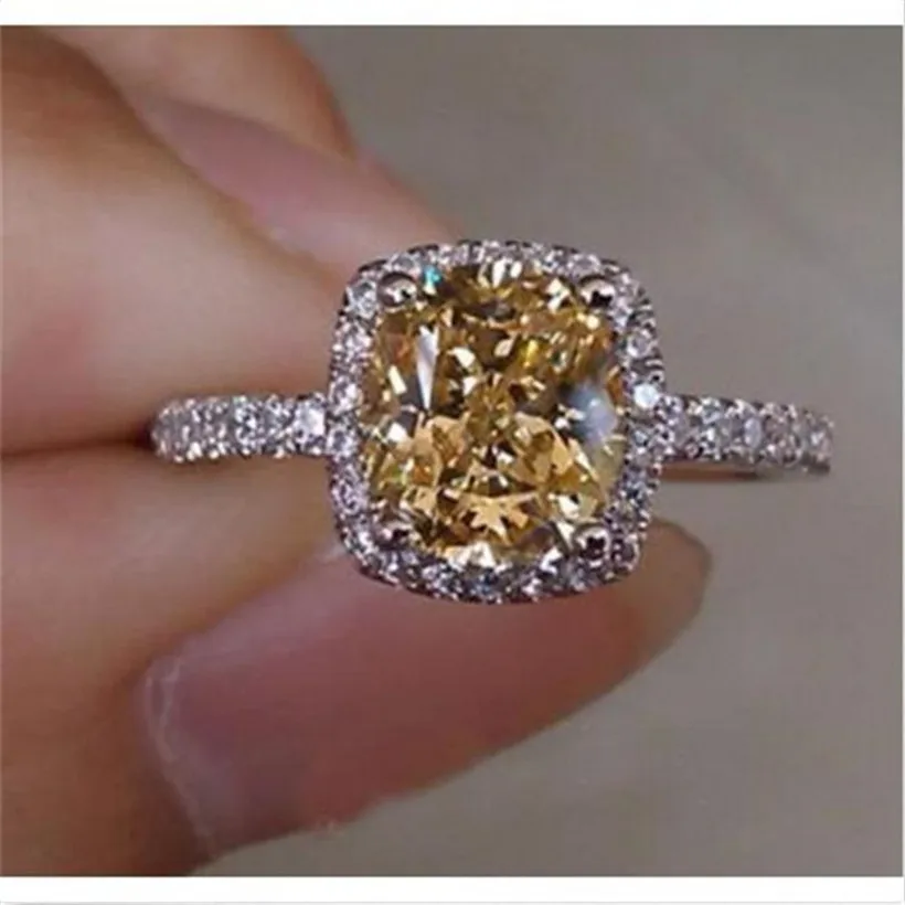 Женские S925 стерлингового серебра Алмазный желтый CZ Кристалл Камень Свадебные кольца дизайнерские-вдохновляет нас Размеры 5,6, 7,8, 9,10