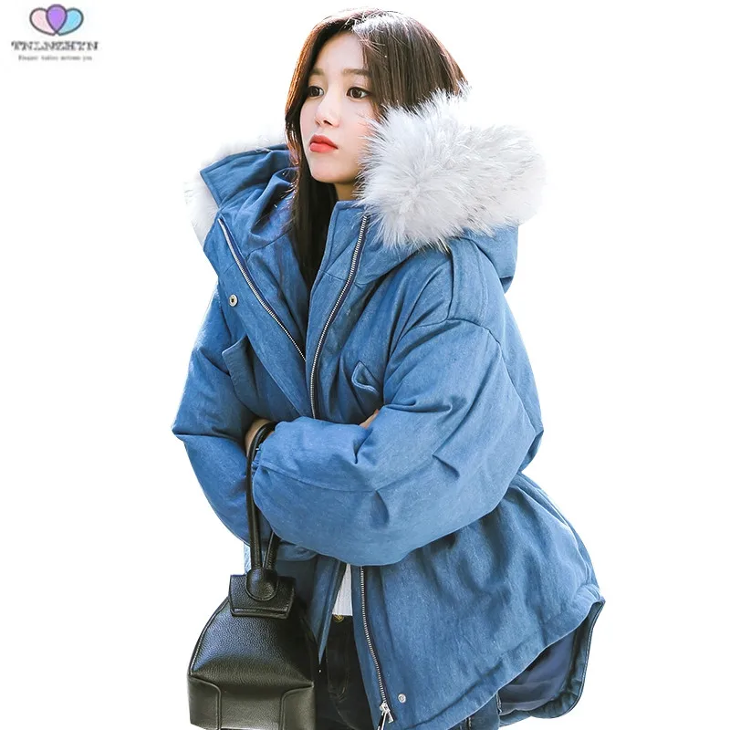 Tnlnzhyn Capuchon Court En Jean Veste Bas Vers Fourrure Hiver Femmes Manteau Denim Épais 2018 New Col Color À Coton Photo Chaud E417 De Le Mode 7xwF11
