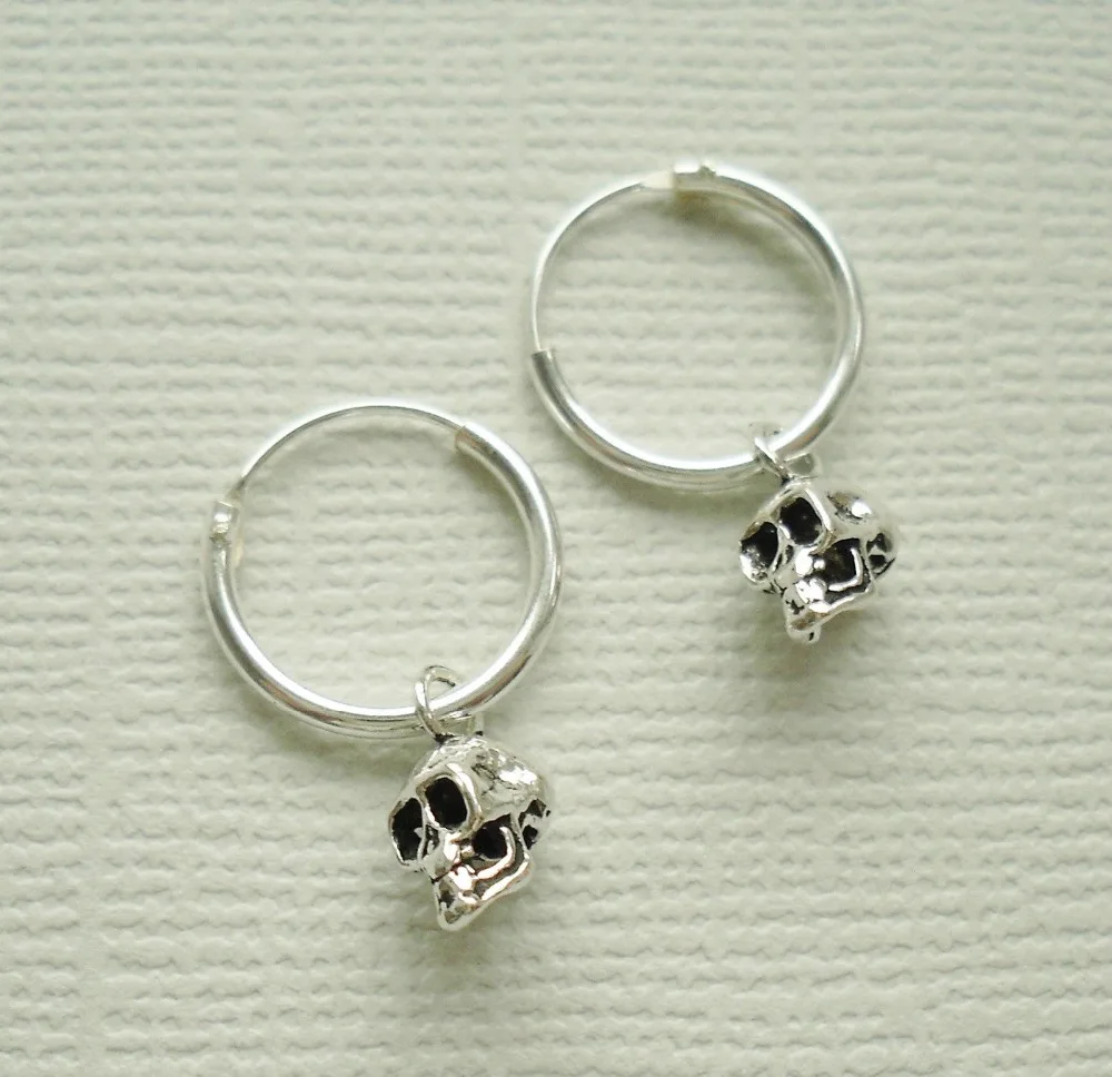 

925 Sterling Silver Drop Dangle Skeleton Skull Hoop Sleeper Earring earrings