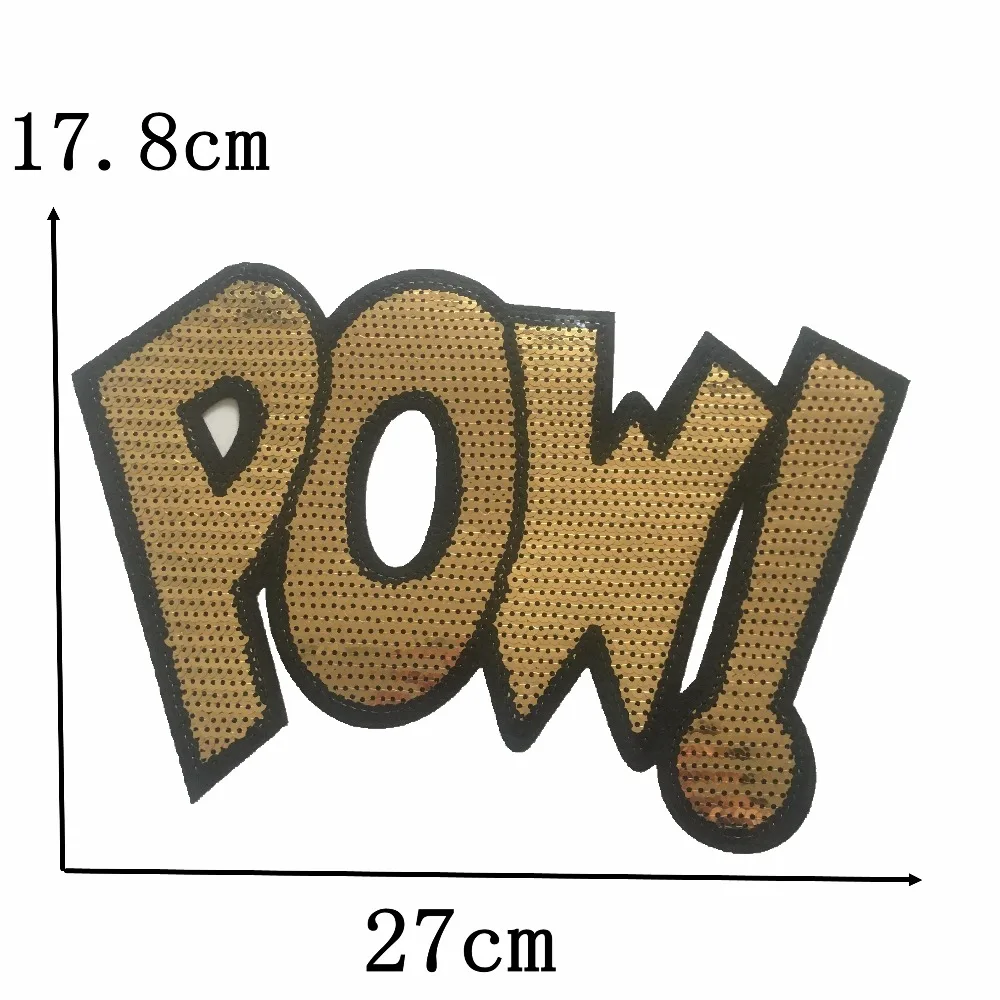 

2PCS Gold POW! Cloth Paste Sequined Patch Iron on Beading Embroideried Appliques for Clothes Stickers DIY Sewing Accessories