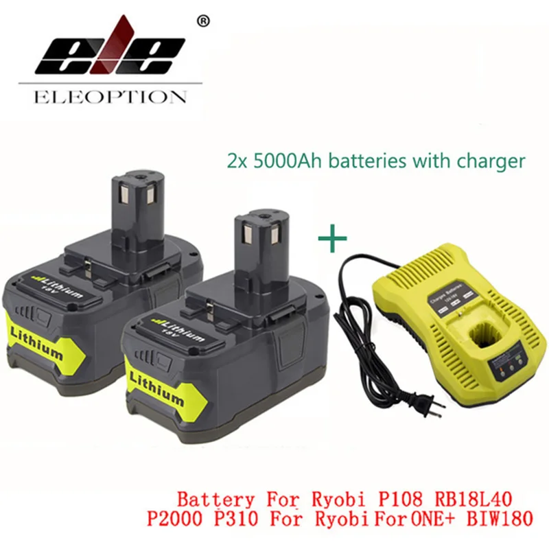 

ELEOPTION 2x 18V 5000mAh Li-Ion Rechargeable Battery For Ryobi 18V battery and charger P108 RB18L40 P2000 P310 For ONE+ BIW180