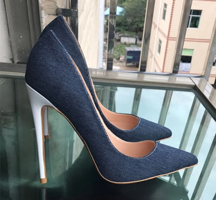 

US4-11 Womens Denim Jeans Pointed Toe Stilettos Thigh Super High White Heel Pumps Low Top Shoes Slip On Plus Size A170