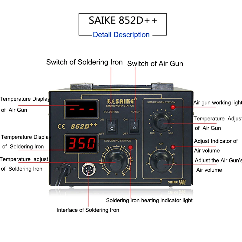 Станция для переделки горячим воздухом Saike 852D ++ 2 в 1 паяльная станция BGA с полкой