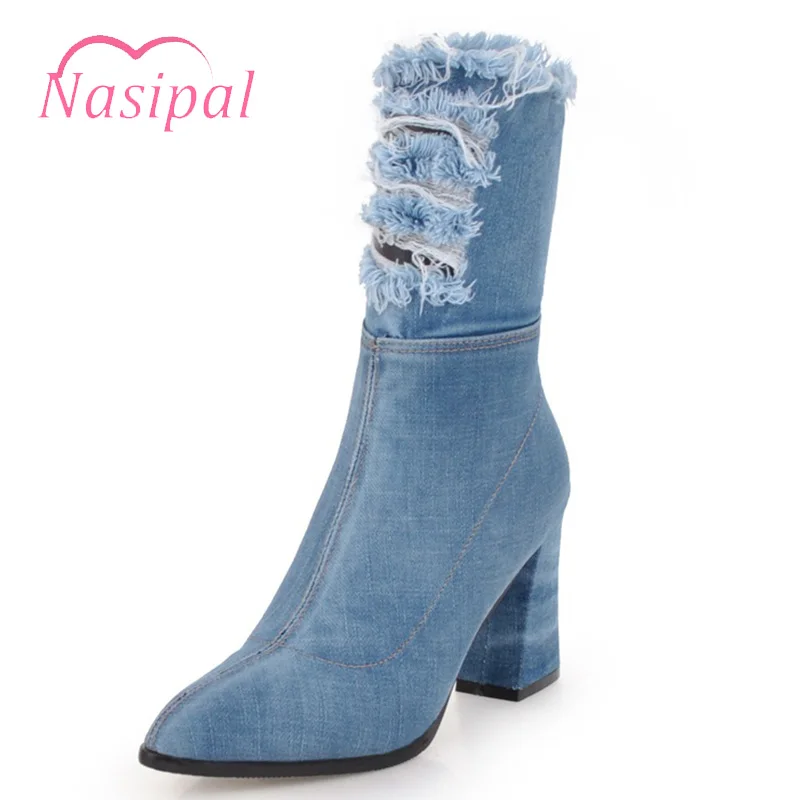 Nasipal Women's Denim Jeans Tassel Ripped Stilettos High Heels Half Boots Pointed Toe Shoes Autumn Winter Warm Zipper Plus Size ripped high low denim hooded dress