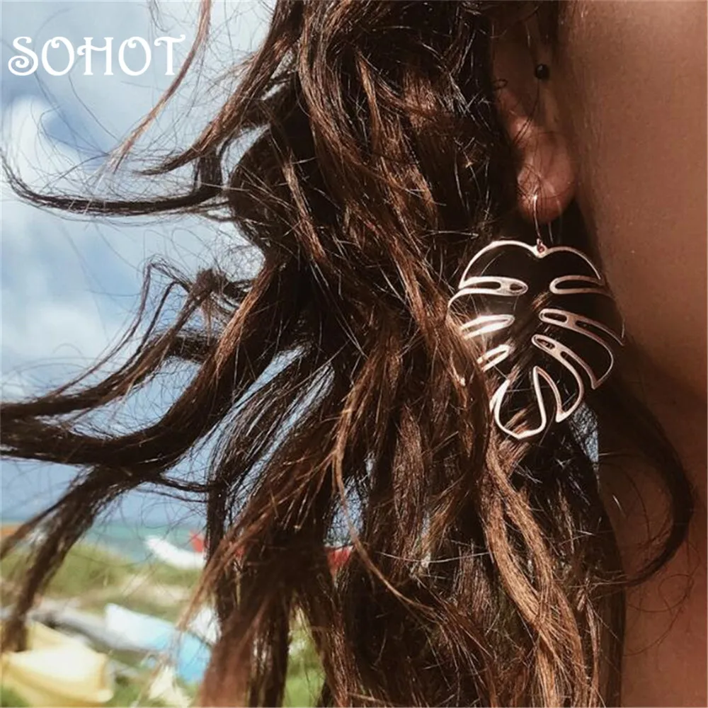 

SOHOT Hiphop Hollow Monstera Leaf Punk Style Drop Earrings Trendy Charming Gold Silver Color Women Street Dance Club Major Gift