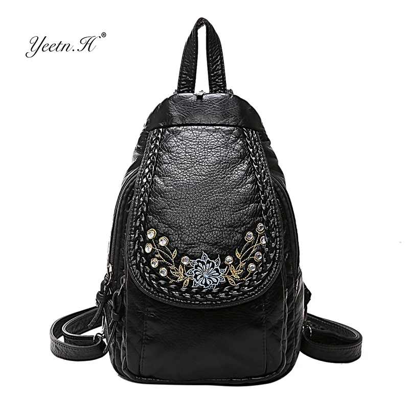 

Yeetn.H Women Chest Pack Black Soft Washed Leather School Bags For Girls Fashion Embroidery Shoulder Bag Lady Mochilas Y2203