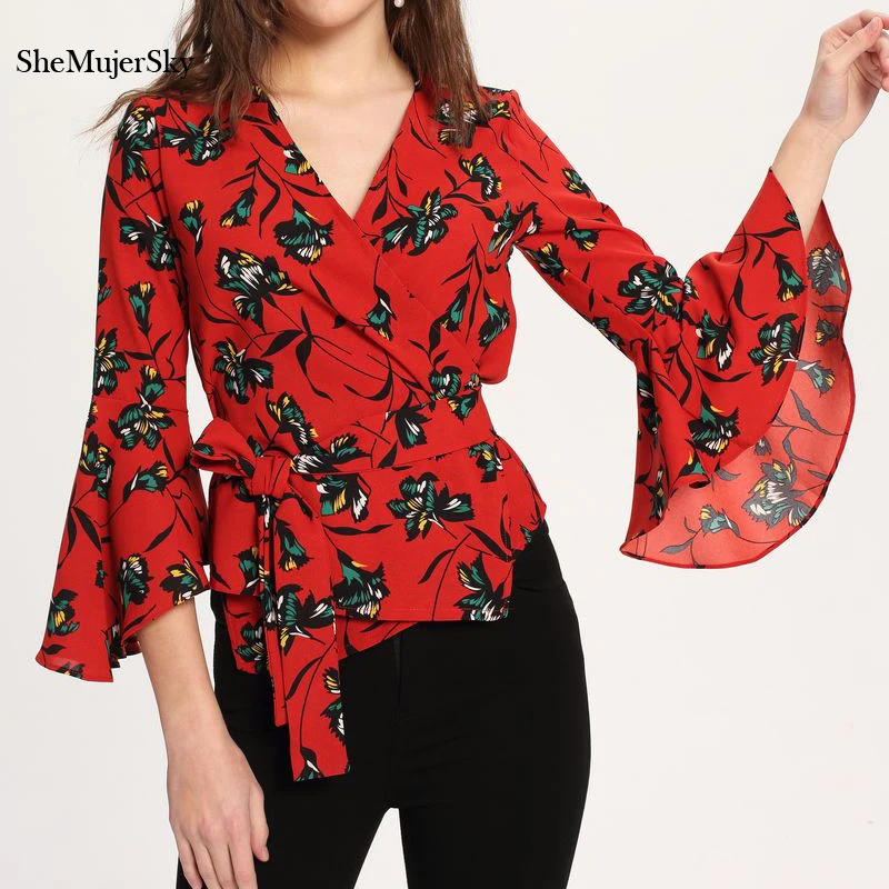 

SheMujerSky Red Bandage Blouses Women V-neck Flare Sleeve Chiffon Blouse Floral Shirts blusas mujer 2019