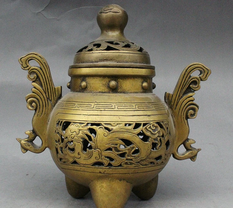 

9" Old China Buddism Palace Temple Bronze Phoenix Dragon Incense Burner Censer