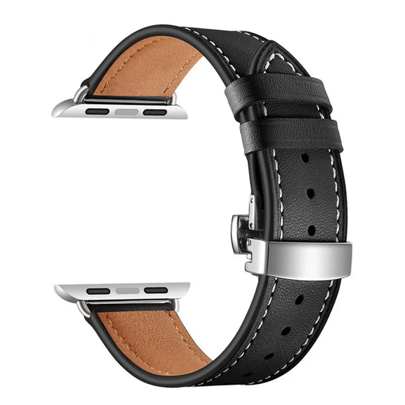 Розовое золото застежка-бабочка кожаный ремешок для наручных часов Apple Watch 38 мм 42 мм для наручных часов iWatch, мода, сменный ремешок для наручных часов, ремешок для часов - Цвет: Black Silver