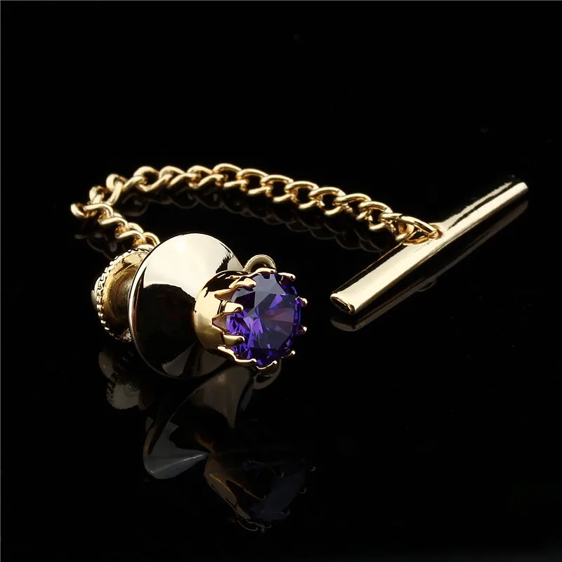 

Fashion Crystal Tie Tack Pin Unisex Shirt Jewelry Gold Color Plated Tie Pins with Chain Clutch Back Locking Gift for Party