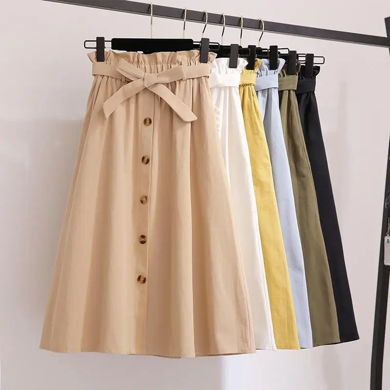 

Elegant Womens Single-breasted Midi Skirts Spring Autumn High Waist Knee Length Pleated Skirt Faldas Mujer