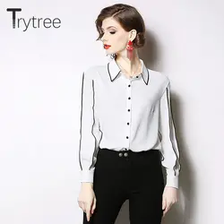 Trytree сезон: весна-лето для женщин в полоску сбоку однотонная блузка хлопок полиэстер Повседневный с рукавом-фонариком рубашка Топы