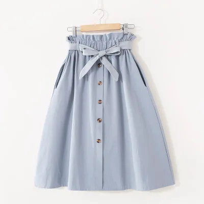 Весенняя летняя Корейская трапециевидная юбка Женская эластичная однобортная юбка с высокой талией однотонная Faldas Милая школьная уличная одежда - Цвет: baby blue
