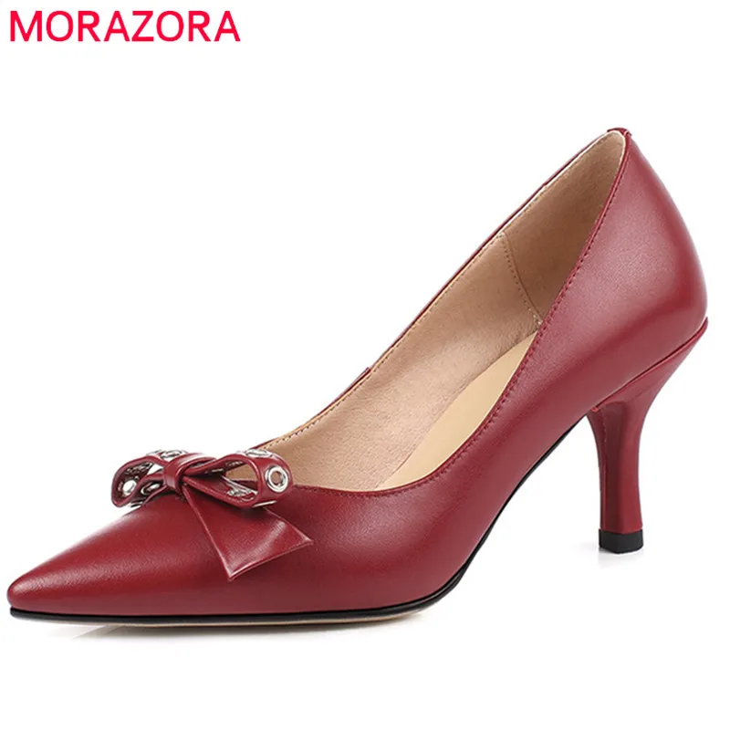 

MORAZORA 2019 new arrival women pumps cow leather shoes shallow summer thin high heels shoes bowknot party prom shoes woman