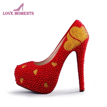 

2018 Red Pearl Women Pumps Customized Wedding Party High Heels with Gold Heart Shape Stone Nightclub Pumps Formal Dress Shoes