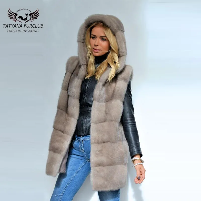 

Tatyana Real Fur Jacket Sleeveless Coat Natural Mink Fur Coat Long Type With Hood Women Mink Fur Coats Fashion Winter Thick Mink