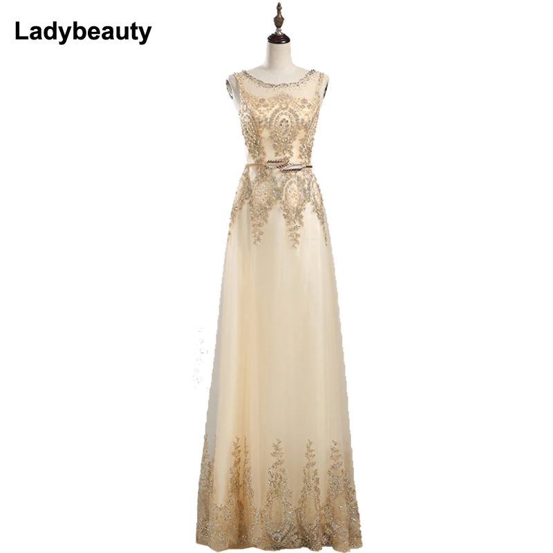 

Ladybeauty Gold Evening Dresses 2018 Sequined Appliques Party Robe De Roiree Tulle Formal Long Evening Dress Vestido De Festa